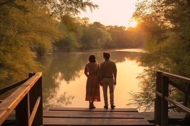 Un'immagine tranquilla che cattura una coppia in piedi su una passerella di legno rustica accanto a un fiume sereno