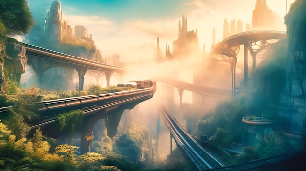 Un'immagine tranquilla di una città futuristica e del suo sistema di metropolitana high-tech perfettamente bilanciato con la natura e le nuvole