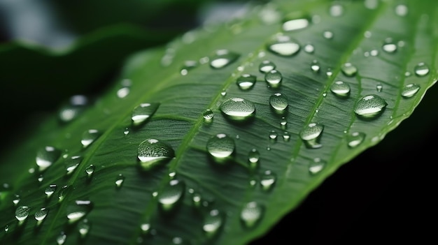 un'immagine unica di gocce d'acqua su foglie verdi