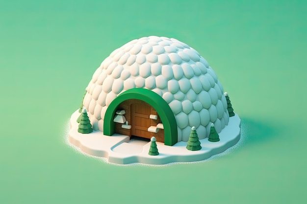 Un'immagine verde e bianca di un igloo con degli alberi sopra.