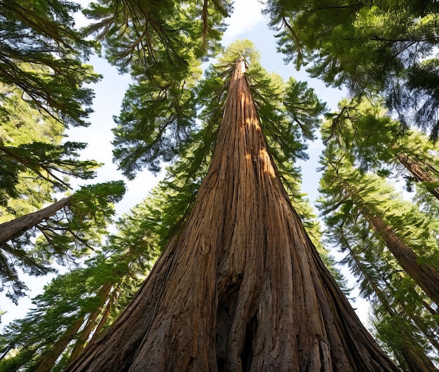 Un'immagine verticale di un'enorme foresta di sequoie in una giornata di sole