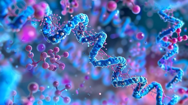 Un'immagine vibrante dell'espressione genica attraverso l'RNA con diversi tipi di molecole di RNA che interagiscono e