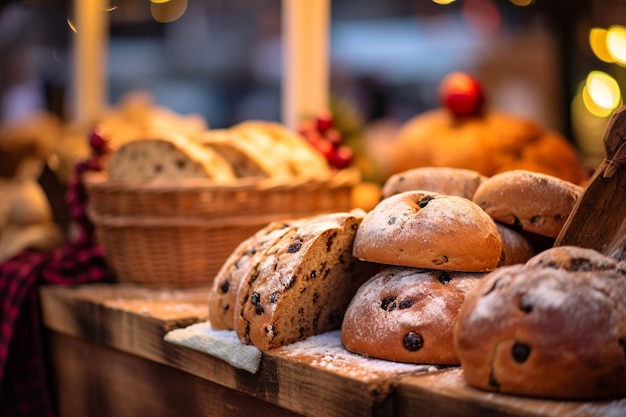 Un'immagine vibrante di un Panettone tagliato sullo sfondo di un vivace mercato natalizio