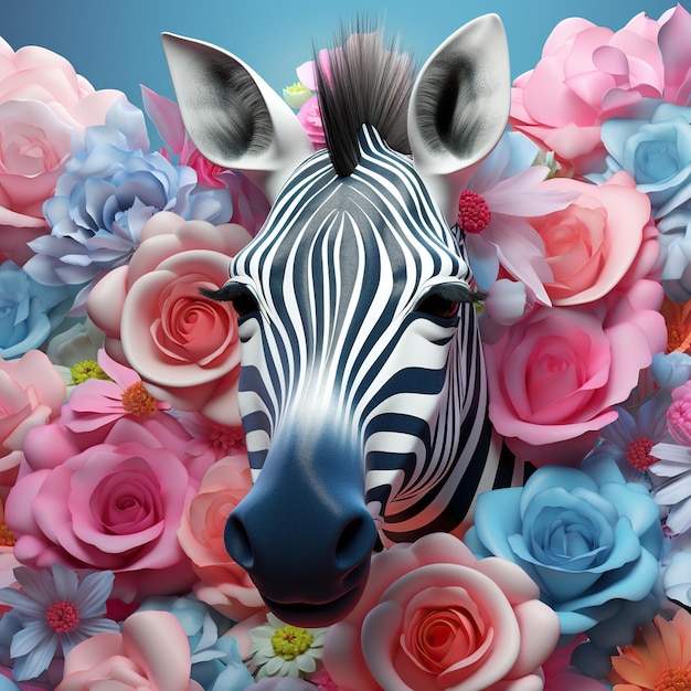 Un'immagine vibrante di una testa di zebra sullo sfondo di fiori rosa e blu