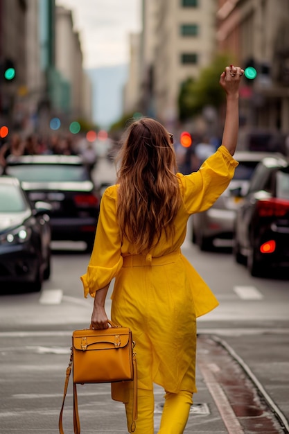 Un'immagine vista da dietro cattura una donna che passeggia lungo una strada urbana trasudando sicurezza e stile