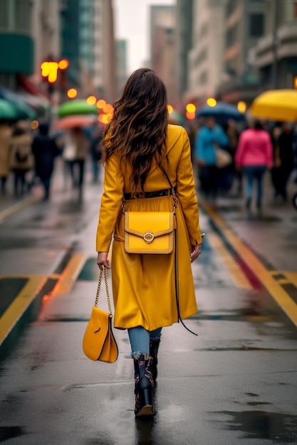 Un'immagine vista da dietro cattura una donna che passeggia lungo una strada urbana trasudando sicurezza e stile