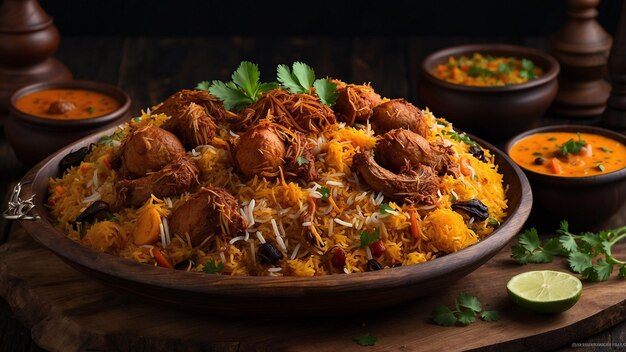 un'immagine vivida dei colori e delle texture vibranti di Hyderabad Biryani mostrate su un woo intemperato