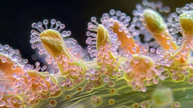 Un'immagine zoomed di un'anterna vegetale che mostra le microscopiche strutture portatrici di polline all'interno