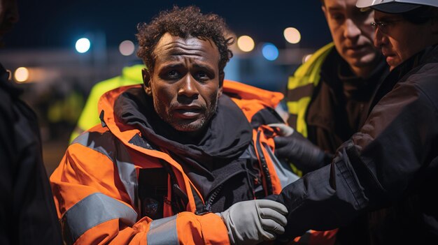 Un immigrato in difficoltà che riceve cure dopo aver attraversato il mare