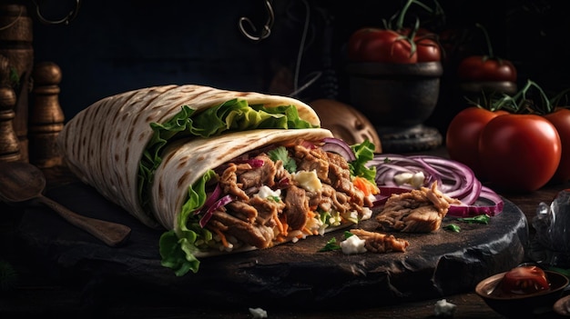 Un impacco di shawarma con carne e verdure su un tavolo.