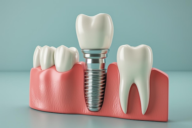 Un impianto di corona dentale isolato posto al centro di un dente su uno sfondo blu