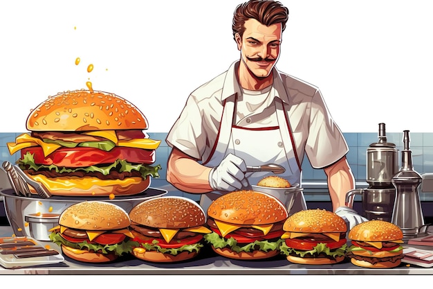 Un impiegato dedicato di un negozio di alimentari assembla hamburger, pizza, pollo fritto, fast food con precisione, generato con l'AI.