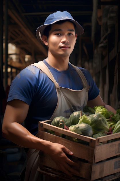 Un impiegato di un mercato che tiene una scatola piena di verdure