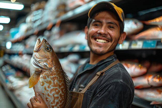 Un impiegato di un negozio di alimentari un tizio sta brillando alla telecamera mentre porta un pesce snapper e spazio AI generativa