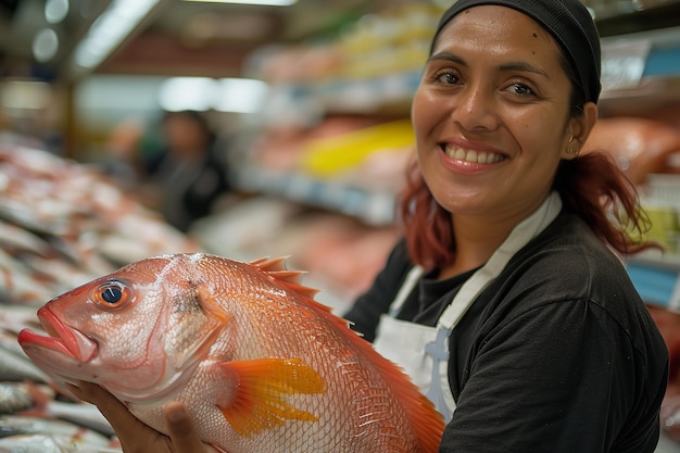 Un impiegato di un negozio di alimentari una signora sta brillando alla telecamera mentre porta un pesce snapper felicemente e spazio AI generativa