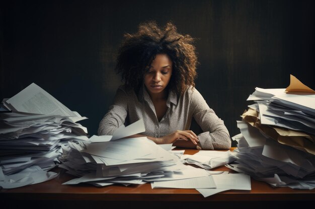 Un impiegato stressato ed esausto con un mucchio di documenti senza bellezza