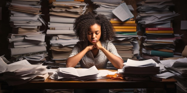 Un impiegato stressato ed esausto con un mucchio di documenti sulla scrivania senza eleganza