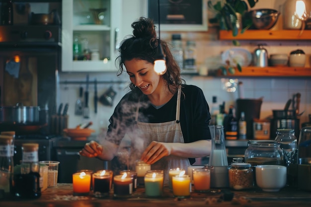 Un imprenditore che sperimenta con entusiasmo diversi ingredienti e sapori mentre fa candele fatte a mano in una cucina accogliente