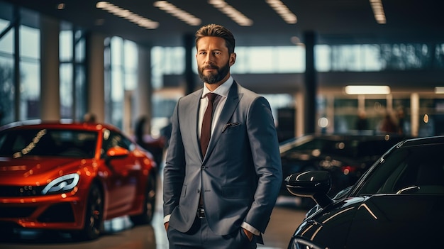 Un imprenditore di successo che sceglie una nuova auto elegante in una concessionaria di auto di lusso