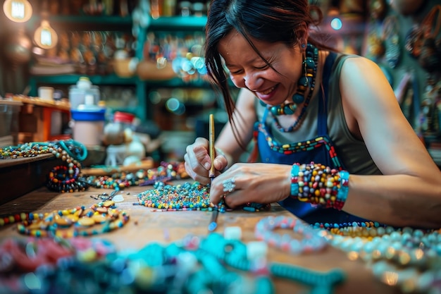 Un imprenditore sorridente che fabbrica gioielli fatti a mano su un banco di lavoro circondato da perle e pietre preziose colorate