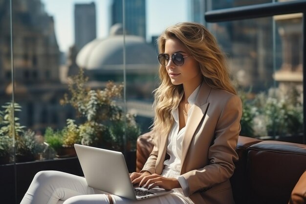 Un'imprenditrice concentrata sorseggia un caffè mentre lavora al suo laptop