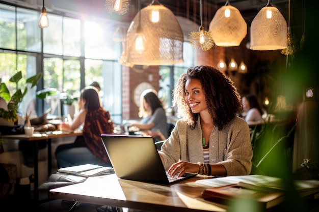 un'imprenditrice in uno spazio di coworking generativo di IA