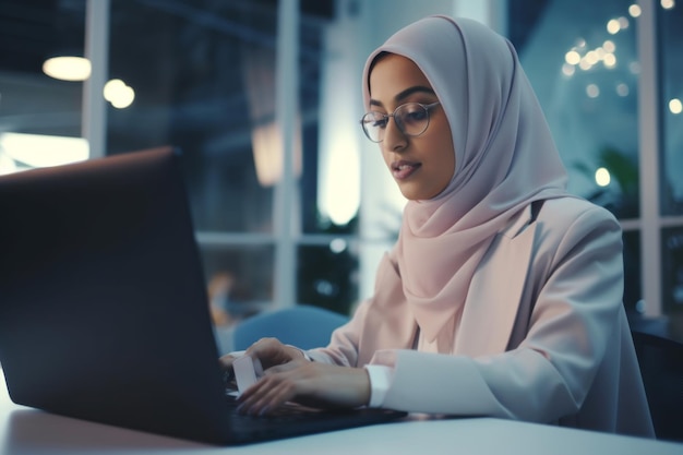 Un'imprenditrice musulmana in hijab lavora a un progetto di ingegneria e a una startup di e-commerce