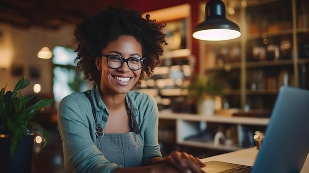 un'imprenditrice nera che lavora felicemente alla sua attività