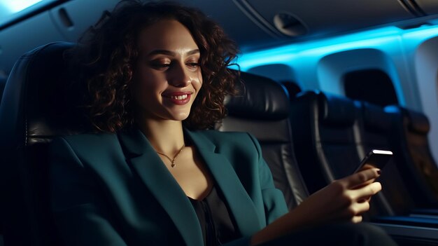 Un'imprenditrice sorridente in giacca e cravatta che utilizza lo smartphone mentre è seduta in un aereo