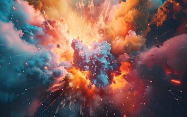 Un'impressionante esplosione digitale di colori vivaci e luci scintillanti che ricordano un evento cosmico