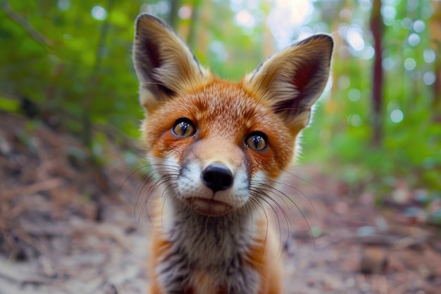 Un impudente cucciolo di volpe rossa con un sorriso cattivo e grandi orecchie pelose