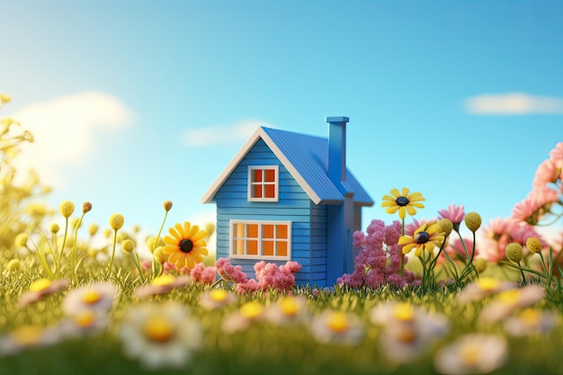 Un'incantevole casa blu circondata da un vivace campo di fiori che sbocciano