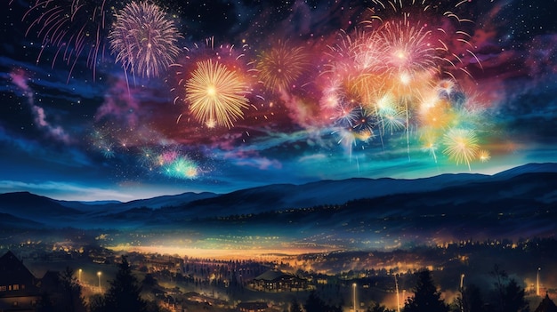 Un'incantevole cattura di un cielo notturno illuminato da fuochi d'artificio che riempiono l'aria di esplosioni di colore e