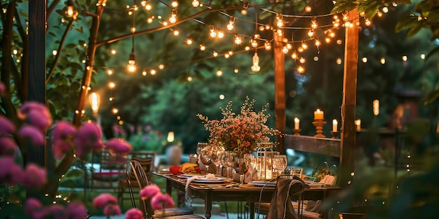 Un'incantevole cena in giardino con luci a corda al crepuscolo.