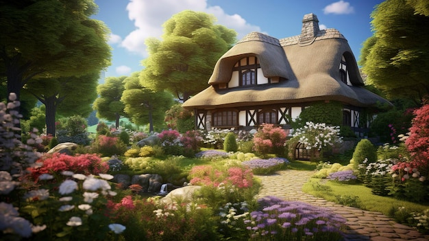 Un incantevole cottage con tetto di paglia e un giardino fiorito