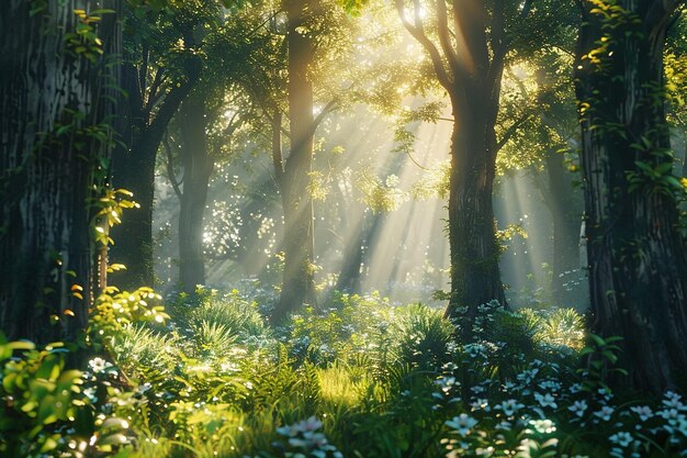 Un'incantevole foresta con la luce del sole che scorre