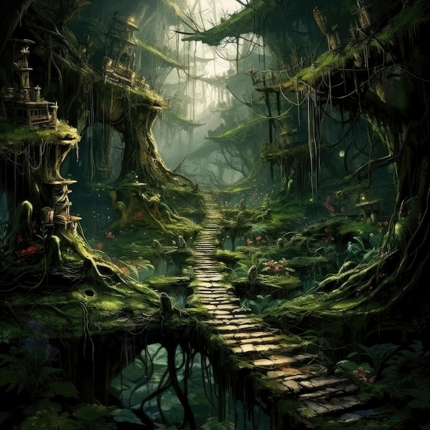 Un'incantevole foresta elfica avvolta nella nebbia mistica