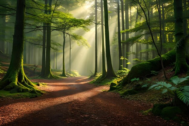 Un'incantevole foresta illuminata dal renio della luce solare che filtra attraverso il denso baldacchino Risorsa creativa AI Generata