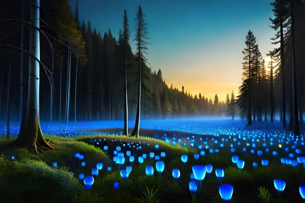 Un'incantevole foresta illuminata dalla lenta luminescenza del fungo bioluminescente Risorsa creativa AI Generata