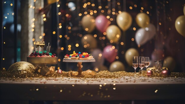 Un'incantevole foto di un tavolo per la festa di Capodanno adornato con decorazioni scintillanti