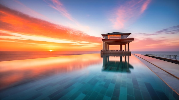 Un'incantevole immagine di una lussuosa villa fronte mare catturata durante un'alba mozzafiato