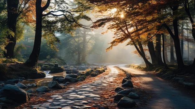 Un'incantevole immagine di una mattina nebbiosa in una foresta adornata di foglie colorate