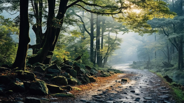 Un'incantevole immagine di una mattina nebbiosa in una foresta adornata di foglie colorate