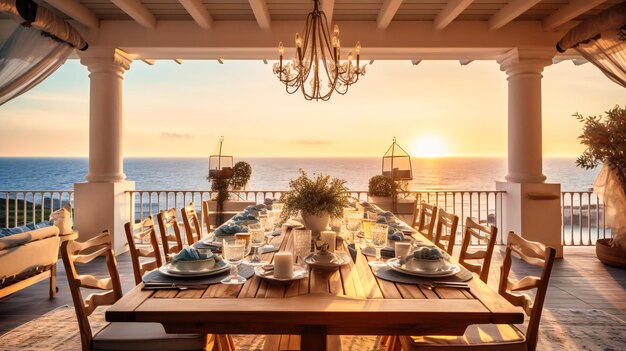 Un'incantevole immagine di una sofisticata sala da pranzo all'aperto sullo sfondo di uno splendido oceano per il massimo del piacere estivo