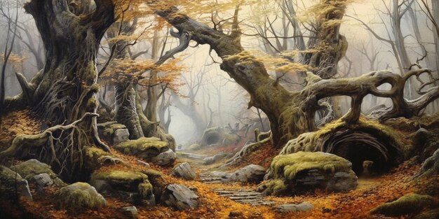 Un incantevole paesaggio forestale in autunno con un sentiero tortuoso coperto di foglie cadute alberi secolari con rami nodosi Pittura generativa ai