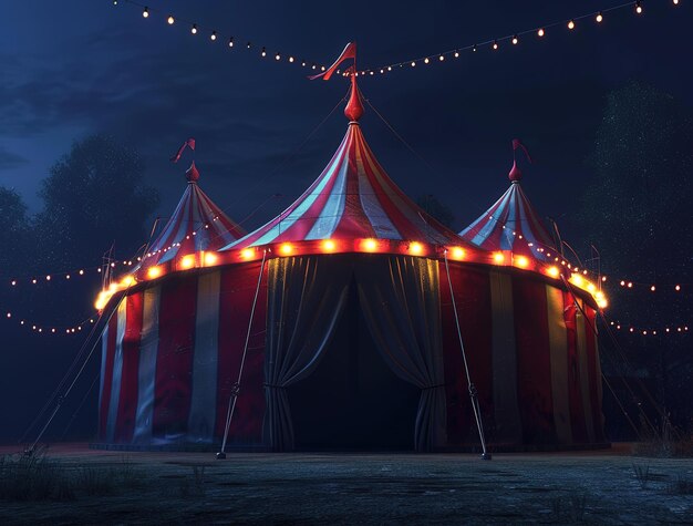 Un'incantevole tenda da circo notturno illuminata da luci scintillanti in mezzo alla serena bellezza della natura