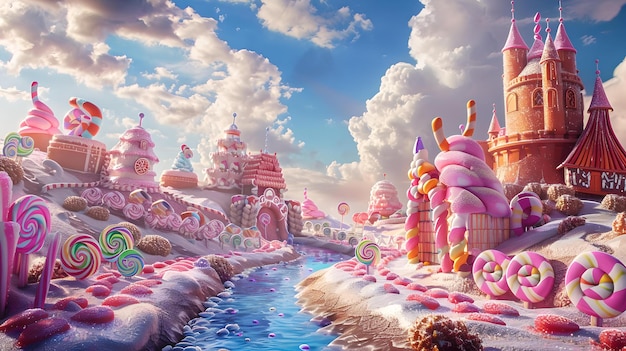 Un'incantevole terra di caramelle con un fiume di cioccolato rosa, alberi di cotone caramellato e un castello di caramelli sotto un cielo blu, ideale per la fantasia dei bambini.