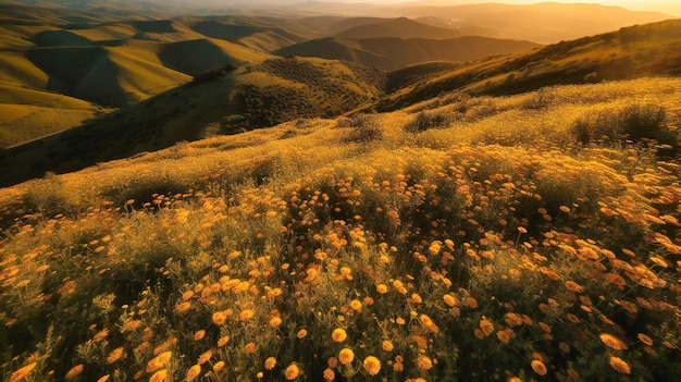 Un'incantevole veduta aerea di fiori selvatici e girasoli su dolci colline durante un tramonto d'ora d'oro