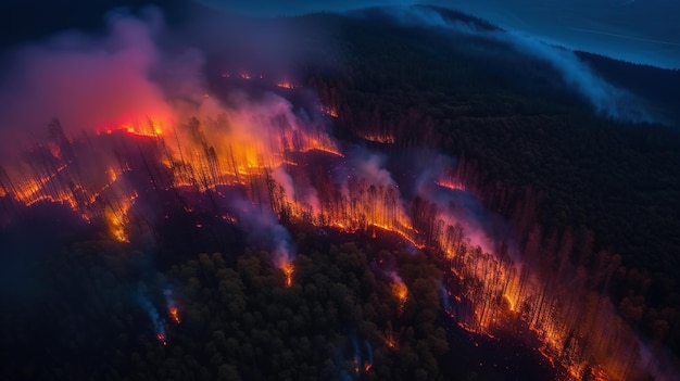 Un incendio boschivo brucia in montagna.