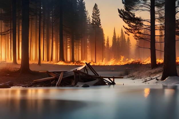 un incendio boschivo che brucia sullo sfondo con una foresta in fiamme sullo sfondo.